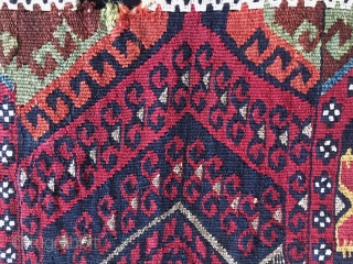 Eastern Anatolia, Malatya, big heybe bag face. Sinanli tribal group.  Cm 67x79. Datable 1880/1890. Wool, cotton, silver/metal thread. Wonderful saturated colors, great five star pattern. Couple of small holes and tears.  ...