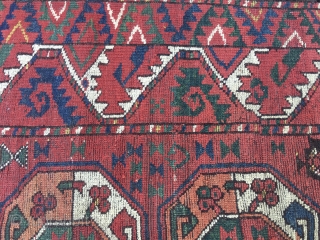 1850sh Turkmen Beshir rug fragment. Cm 67/76x177. Third quarter 19th century if not earlier. Great deep, natural, saturated colors. Madder red, green, yellow, indigo & petrol blue, white (wool).... Lovely pattern, great  ...