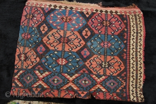 Van, Eastern Anatolia, Kurdish kilim fragment. Size is cm 63x83. Second half 19th century. Lovely, saturated dyes. 
Brown, dark red, orange, dark & light indigo blue. Wool on wool and cotton. Very  ...