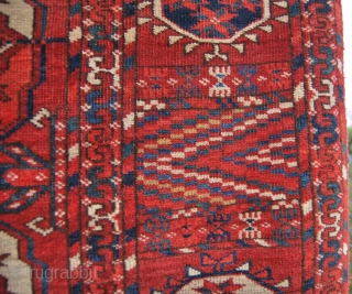 Turkmen Tekke main rug. Cm 200x222 ca. Mid 19th c. Very very thin. With a fantastic border. All wool. Several condition issues and unluckily far too fine to be restored, but at  ...