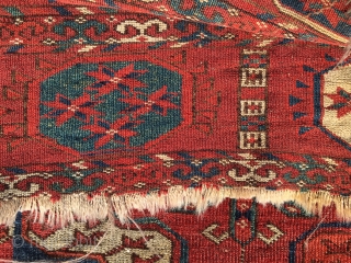 Turkmen Tekke main rug. Cm 200x222 ca. Mid 19th c. Very very thin. With a fantastic border. All wool. Several condition issues and unluckily far too fine to be restored, but at  ...