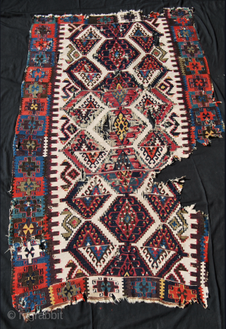 Fantastic kilim fragment. East Anatolia, most probably Reyhanli tribal group. Size is cm 115x200 ca. Datable 1840/1860. Incredibly beautiful natural saturated colors. Great pattern.         