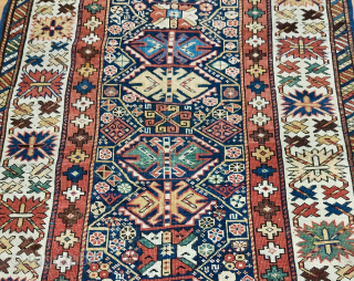 Caucasian small and rich pile rug from the Ghendje area, Azerbaijan.
The size is cm 95x145. 
Age is credited as end of 19th century or slightly earlier.
This small rug is very rich in  ...
