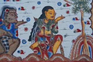 Balinese vintage, ink drawn & hand painted strip made of waxed cotton, with a story from Ramayana, one of the great epics of the Hindi literature. Bali island, Indonesia, mid 20th century.  ...