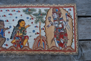 Balinese vintage, ink drawn & hand painted strip made of waxed cotton, with a story from Ramayana, one of the great epics of the Hindi literature. Bali island, Indonesia, mid 20th century.  ...