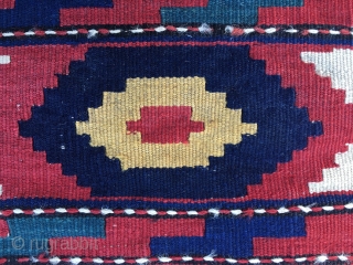 Caucasian flatweave mafrash panel. Cm 46x94. Late 19th, early 20th c. Great, deep colors, see the different blues. Some old restorations. Lovely decorative item.         