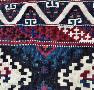 Sinanli tribal group. Malatya area. Eastern Anatolia. Turkey. Big khorjin or saddle kilim bag face. Cm 73x73. End 19th/early 20th century. Highlights: great graphics, fantastic colors, a wonderful, deeply saturated cochineal, a  ...