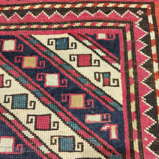 Diagonal stripe small, sweet rug most probably a Ghendje, but could well be from the village of Khyzy in northern Azerbaijan or even a Mogan. Great colors. Lovely pattern. Sale on behalf  ...