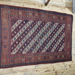 Diagonal stripe small, sweet rug most probably a Ghendje, but could well be from the village of Khyzy in northern Azerbaijan or even a Mogan. Great colors. Lovely pattern. Sale on behalf  ...