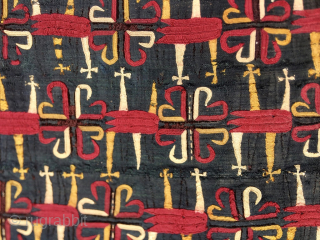Tekke silk black chapan fragment.
Cm 36x90
Datable 3rd/4th q 19th century
Condition issues: holes and tears
Silk on silk
Background is black, embroidery red, yellow, orange
Great embroidered workmanship.
Email carlokocman@gmail.com

        