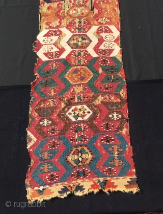 Colors. Color fans only. East Anatolian kilim fragment. Reyhanli tribal group. Cm 40x320 ca. 1800/1850. Fantastic saturated dyes. Ram horns all over. In bits & pieces but still a giant.   