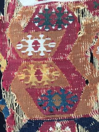 Colors. Color fans only. East Anatolian kilim fragment. Reyhanli tribal group. Cm 40x320 ca. 1800/1850. Fantastic saturated dyes. Ram horns all over. In bits & pieces but still a giant.   