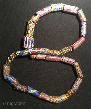 28 Murrine beads. 
19th-century Venetian Murrine's beads.
"Murrine" beads.
They are antique, datable 1860/1920 and were blown in Venice on the island of Murano.
They were shipped to Western Africa where they were used as  ...