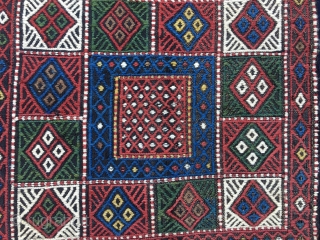 Shahsavan (or? any other attribution?) sumack khorjin bag face. Cm 51x51. 1890/1910. Great, deep, saturated colors. Simple, precise weave & pattern.            