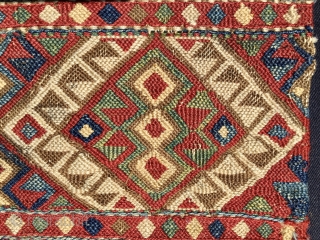 Sumack mafrash side panel. Cm 36x90. 4th q 19th c. Kurdish? Shahsavan? Sinanli? This time cannot decide, need help for right attribution. Great natural saturated colors. Very fine weave. A beautiful tribal  ...