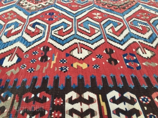 Powerful Western Anatolia Aydinli kilim strip. Cm 100x265 ca. End 19th century. Great ram horn pattern, glorious natural saturated colors. Condition: some minor oxidation, two tiny stains. Email carlokocman@gmail.com
    