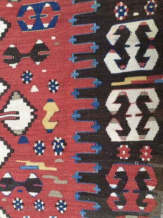 Powerful Western Anatolia Aydinli kilim strip. Cm 100x265 ca. End 19th century. Great ram horn pattern, glorious natural saturated colors. Condition: some minor oxidation, two tiny stains. Email carlokocman@gmail.com
    