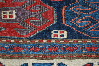 Wonderful Top Shahsavan reverse weft less sumack mafrash end panel. 
Size is cm 40x55 ca. Datable 1870/1890. 
Very, very fine weaving. 
Great crab pattern. 
Lovely deeply saturated natural colors. Note the aubergine  ...