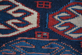 Wonderful Top Shahsavan reverse weft less sumack mafrash end panel. 
Size is cm 40x55 ca. Datable 1870/1890. 
Very, very fine weaving. 
Great crab pattern. 
Lovely deeply saturated natural colors. Note the aubergine  ...
