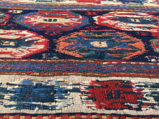 Wonderful Top Shahsavan reverse weft less sumack mafrash end panel. 
Size is cm 40x55 ca. Datable 1870/1890. 
Very, very fine weaving. 
Great crab pattern. 
Lovely deeply saturated natural colors. Note the aubergine  ...
