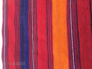 Colorful kilim striped runner/strip. Cm 67x256. 90 to 100 years of age. Could be Mazandaran?. Very fine weave. Great colors. Red, orange, blue and white. Warps are dyed in aubergine!! Very unusual.  ...