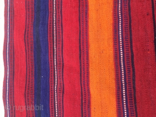 Colorful kilim striped runner/strip. Cm 67x256. 90 to 100 years of age. Most probably Anatolian. Very fine weave. Great colors. Red, orange, blue and white. Warps are dyed in aubergine!! Very unusual.  ...