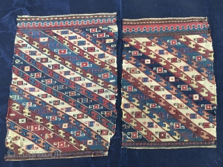 Azerbaijan, Baku, Khyzy village. Set of sumack khorjin bag faces or mafrash end panels. Lovely pattern, fantastic saturated colors, incredibly fine weave. Cm 30x40 ca each. Very rare twins. Collector's, museum tribal  ...