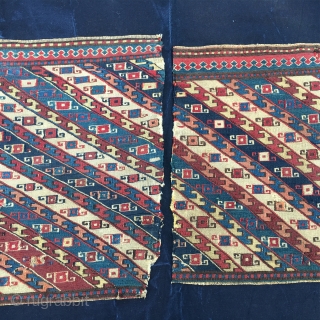 Azerbaijan, Baku, Khyzy village. Set of sumack khorjin bag faces or mafrash end panels. Lovely pattern, fantastic saturated colors, incredibly fine weave. Cm 30x40 ca each. Very rare twins. Collector's, museum tribal  ...