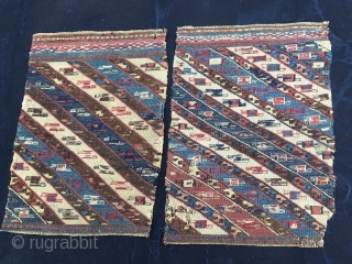 Azerbaijan, Baku, Khyzy village. Set of sumack khorjin bag faces or mafrash end panels. Lovely pattern, fantastic saturated colors, incredibly fine weave. Cm 30x40 ca each. Very rare twins. Collector's, museum tribal  ...