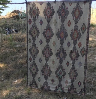 Central Anatolia, Sivas area cicim. Cm 140x205. 1st half 20th century. Cord color back with embroidered pattern filled with kind of Sevan crosses. A couple of small holes, otherwise in good condition.  ...