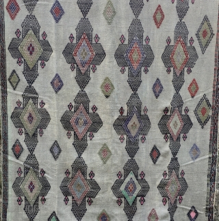 Central Anatolia, Sivas area cicim. Cm 140x205. 1st half 20th century. Cord color back with embroidered pattern filled with kind of Sevan crosses. A couple of small holes, otherwise in good condition.  ...