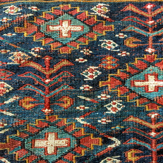 Afshari sumack mafrash side panel. Cm 30x55 ca. Probably 1890 if not earlier. This bag travelled a lot in the years, going from collector to collector. I had Sale price. Offers welcome.
Please  ...