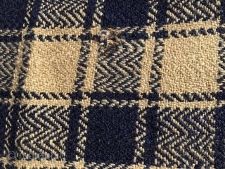 Shahsavan (Mianeh?) jajim/blanket. Cm 215x215 ca. Late 19th, early 20th c. Four widths sewn together. Checkered pattern. Very fine wool. Very fine weave. Natural white and indigo blue dyed wool. Two weaker  ...