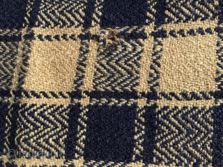 Shahsavan (Mianeh?) jajim/blanket. Cm 215x215 ca. Late 19th, early 20th c. Four widths sewn together. Checkered pattern. Very fine wool. Very fine weave. Natural white and indigo blue dyed wool. Two weaker  ...