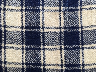 Shahsavan (Mianeh?) jajim/blanket. Cm 215x215 ca. Late 19th, early 20th c. Four widths sewn together. Checkered pattern. Very fine wool. Very fine weave. Natural white and indigo blue dyed wool. Two weaker  ...