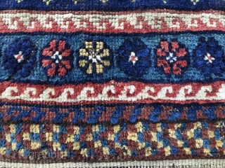 Bakhtiari Char Mahal pile long panel. Cm 57x99. 100/120 years old. Probably ex mafrash or tacheh. Primitive, tribal, awesome. Interesting pattern, wonderful saturated natural dyes. See indigo blue, green, yellow, brick red,  ...