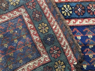 Bakhtiari Char Mahal pile long panel. Cm 57x99. 100/120 years old. Probably ex mafrash or tacheh. Primitive, tribal, awesome. Interesting pattern, wonderful saturated natural dyes. See indigo blue, green, yellow, brick red,  ...