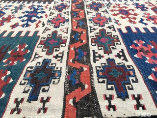 Colors! This kilim strip is a marvel of colors and graphics. East Anatolia, probably Reyhanli tribal group kilim strip. Cm 77x289. Mid 19th century. Wool on wool plus some hard to find  ...