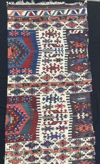 Colors! This kilim strip is a marvel of colors and graphics. East Anatolia, probably Reyhanli tribal group kilim strip. Cm 77x289. Mid 19th century. Wool on wool plus some hard to find  ...