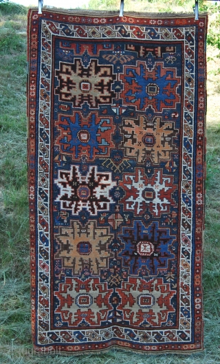 Northern Caucasus. Dagestan, land of mountains, 
Lesghistan, country of the Lesghi population.
Lesghi star design pile rug.
Cm 135x235.
Late 19th, early 20th century, good condition, high pile, few, old minor restorations.
Email to carlokocman@gmail.co  