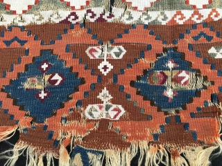 Ageless textile wreck. Cm 76x246. Early 19th c or even earlier, so, well over 200 years old. Eastern Anatolia kilim strip fragment. A real wreck, but still fascinating. Any textile archeologist out  ...