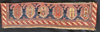 Antique South Persian mafrash panel with colorful both design.
Cm 30x110 ca
End 19th century
Great pattern and great colors. Six lovely boteh of different color
Condition issue: one hole to report.
Please email carlokocman@gmail.com   