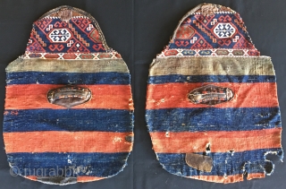 Kilim/sumack/leather mafrash end panels. Cm 45x65 ca each. Late 19th c. Unusual if not unique panels from a mafrash made out of two Eastern Anatolia cuvals/storage bags. Great colors. Great handles. Get  ...