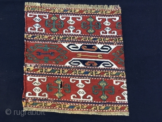 Karabagh sumack mafrash end panels. Antique & sweet. Sizes: cm 36x36 and 37x38. Lovely natural saturated colors: madder red, two indigo blues, a strong yellow, a deep green. White is cotton. Nice  ...