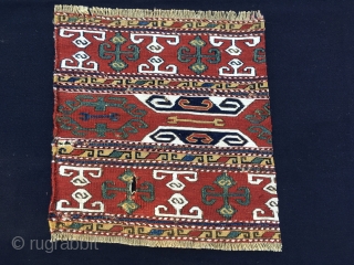 Karabagh sumack mafrash end panels. Antique & sweet. Sizes: cm 36x36 and 37x38. Lovely natural saturated colors: madder red, two indigo blues, a strong yellow, a deep green. White is cotton. Nice  ...