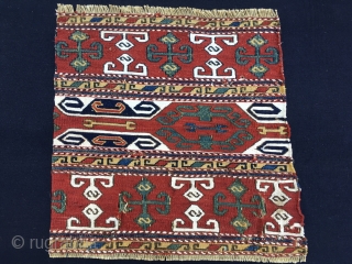 Karabagh sumack mafrash end panels. Antique & sweet. Sizes: cm 36x36 and 37x38. Lovely natural saturated colors: madder red, two indigo blues, a strong yellow, a deep green. White is cotton. Nice  ...