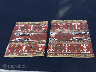 Karabagh sumack mafrash end panels. Antique & sweet. Sizes: cm 36x36 and 37x38. Lovely natural saturated colors: madder red, two indigo blues, a strong yellow, a deep green. White is cotton. Nice  ...