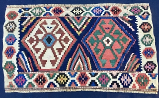 Caucasian, Kazak? kilim mafrash long panel. Cm 56x99. End 19th century ca. Great panel in great condition with lovely pattern and wonderful natural saturated colors. Dark magenta, yellow, green, various blues, etc.  ...