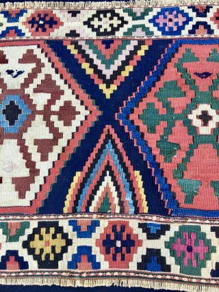 Caucasian, Kazak? kilim mafrash long panel. Cm 56x99. End 19th century ca. Great panel in great condition with lovely pattern and wonderful natural saturated colors. Dark magenta, yellow, green, various blues, etc.  ...