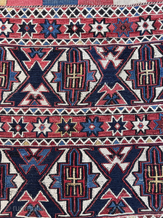 Rare if not unique design on this Caucasian sumack bag face. Frankly I thought it was/it is a Shahsavan item. Actually so rare that nobody really knows. I also thought it could  ...